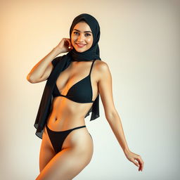 A full-body portrait of a Persian woman wearing a chic black bikini complemented by a stylish hijab