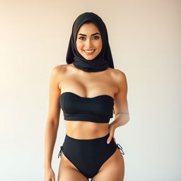 A full-body portrait of a Persian woman wearing a chic black bikini complemented by a stylish hijab