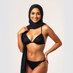 A full-body portrait of a Persian woman wearing a chic black bikini complemented by a stylish hijab