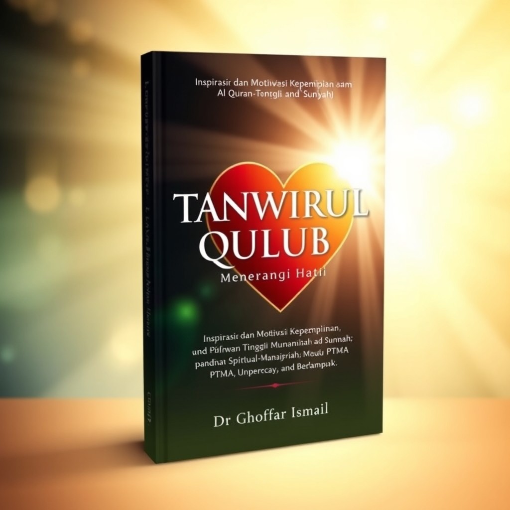 A captivating book cover design for 'TANWIRUL QULUB (Menerangi Hati)' with a beautiful background featuring soft light rays illuminating a heart, symbolizing inspiration and motivation in leadership