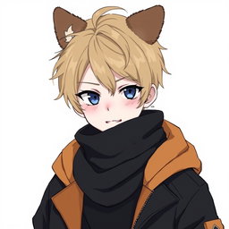 An anime boy with dark blonde messy hair styled to the right side, featuring bangs that gracefully cover his forehead and extend long enough to conceal his right eye