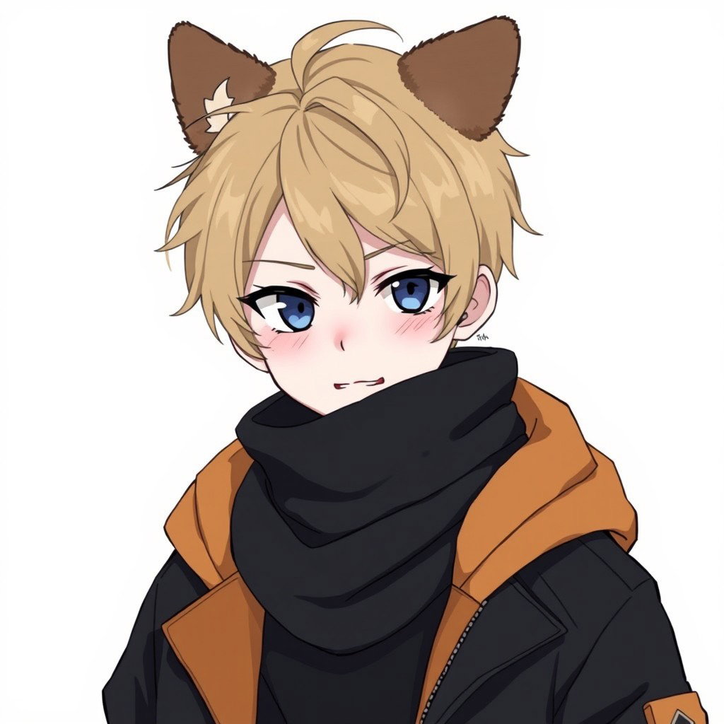 An anime boy with dark blonde messy hair styled to the right side, featuring bangs that gracefully cover his forehead and extend long enough to conceal his right eye