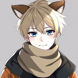 An anime boy with dark blonde messy hair styled to the right side, featuring bangs that gracefully cover his forehead and extend long enough to conceal his right eye