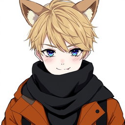 An anime boy with dark blonde messy hair styled to the right side, featuring bangs that gracefully cover his forehead and extend long enough to conceal his right eye