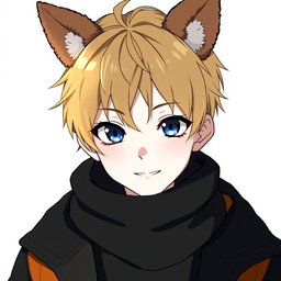 An anime boy with dark blonde messy hair styled to the right side, featuring bangs that gracefully cover his forehead and extend long enough to conceal his right eye