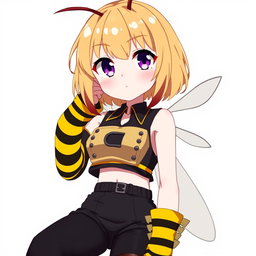 An anime girl with honey blonde hair that falls just over her shoulders, featuring dark brown tips that add depth to her hairstyle