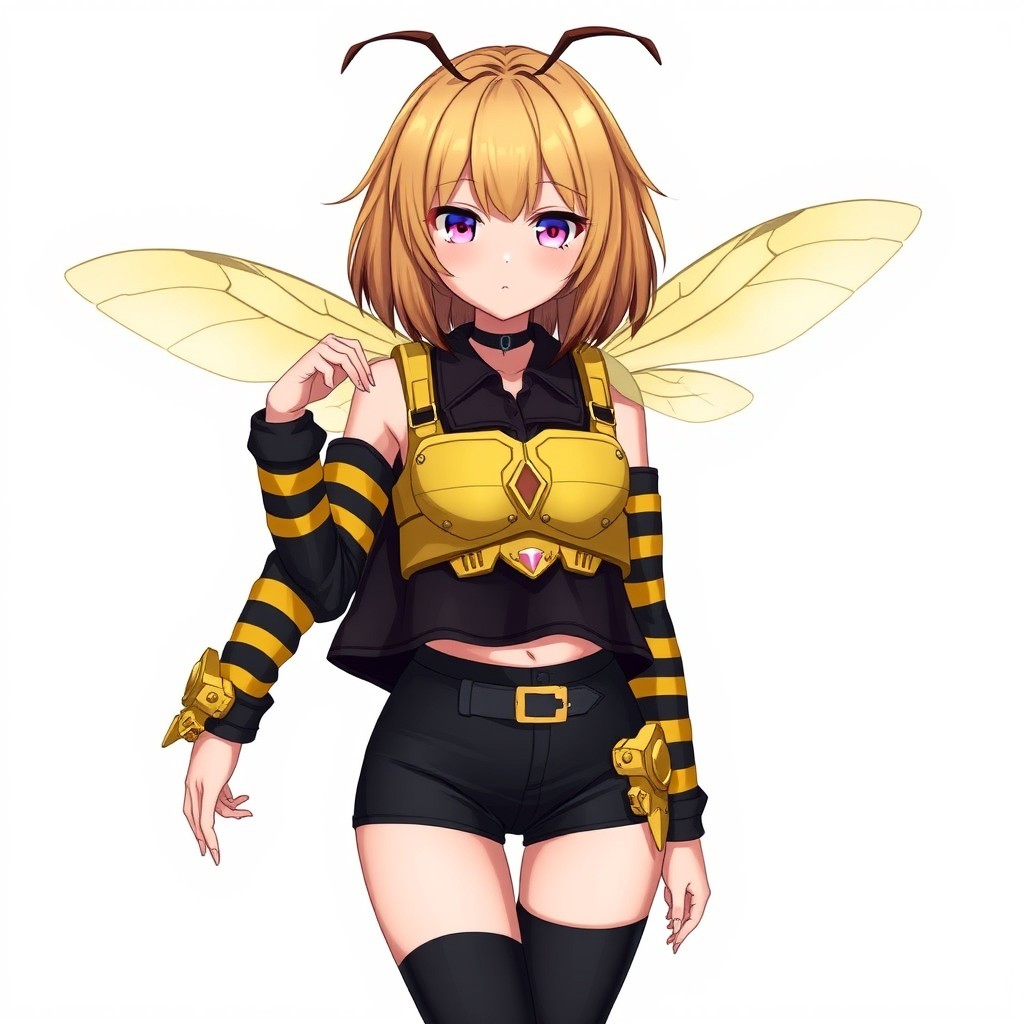 An anime young woman with honey blonde hair that is just over shoulder-length, featuring dark brown tips that add a stylish edge to her appearance