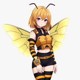 An anime young woman with honey blonde hair that is just over shoulder-length, featuring dark brown tips that add a stylish edge to her appearance