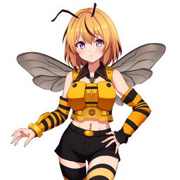 An anime young woman with honey blonde hair that is just over shoulder-length, featuring dark brown tips that add a stylish edge to her appearance