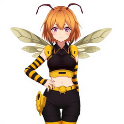 An anime young woman with honey blonde hair that is just over shoulder-length, featuring dark brown tips that add a stylish edge to her appearance