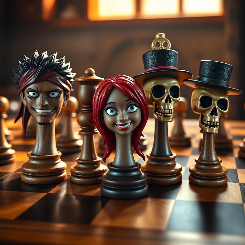 A realistic chess scene featuring chess pieces designed with the faces of One Piece movie characters, specifically Zoro, Nami, and Brook