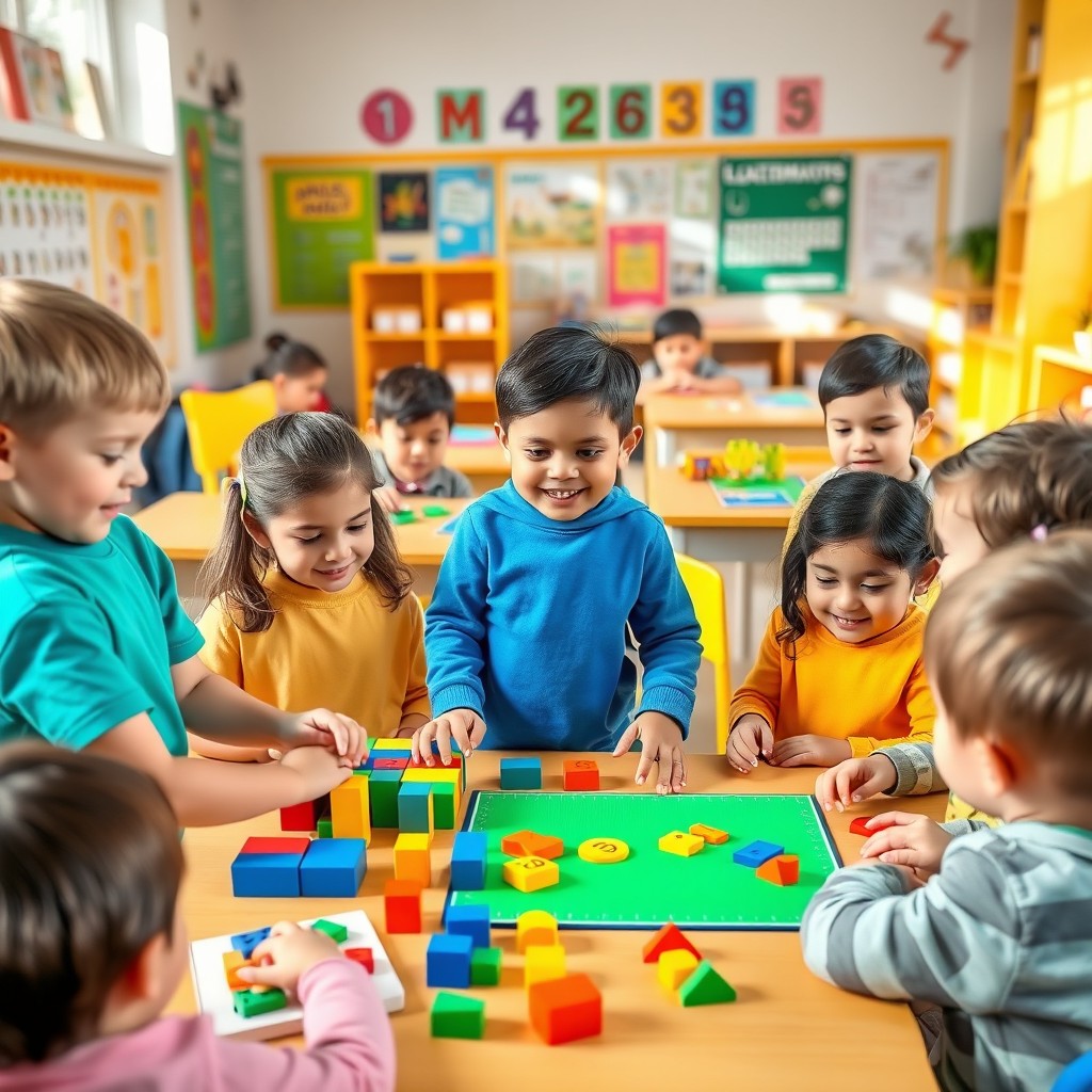 A vibrant and engaging scene depicting children playing various mathematical games in a colorful classroom environment