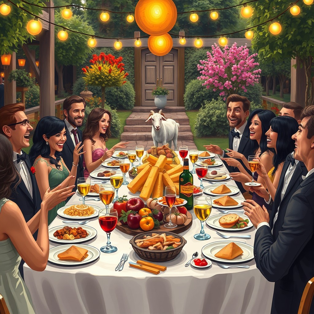 A whimsical scene depicting a lively banquet taking place around a large, beautifully set dining table filled with exquisite dishes and drinks