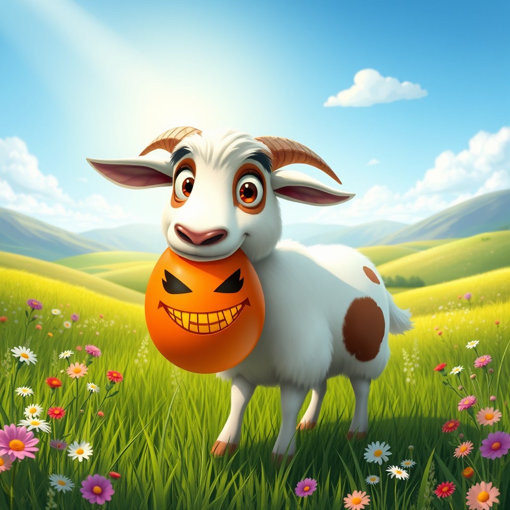 A quirky and humorous scene featuring a cartoonish goat named Diensdale with big, expressive eyes, standing in a vibrant green meadow