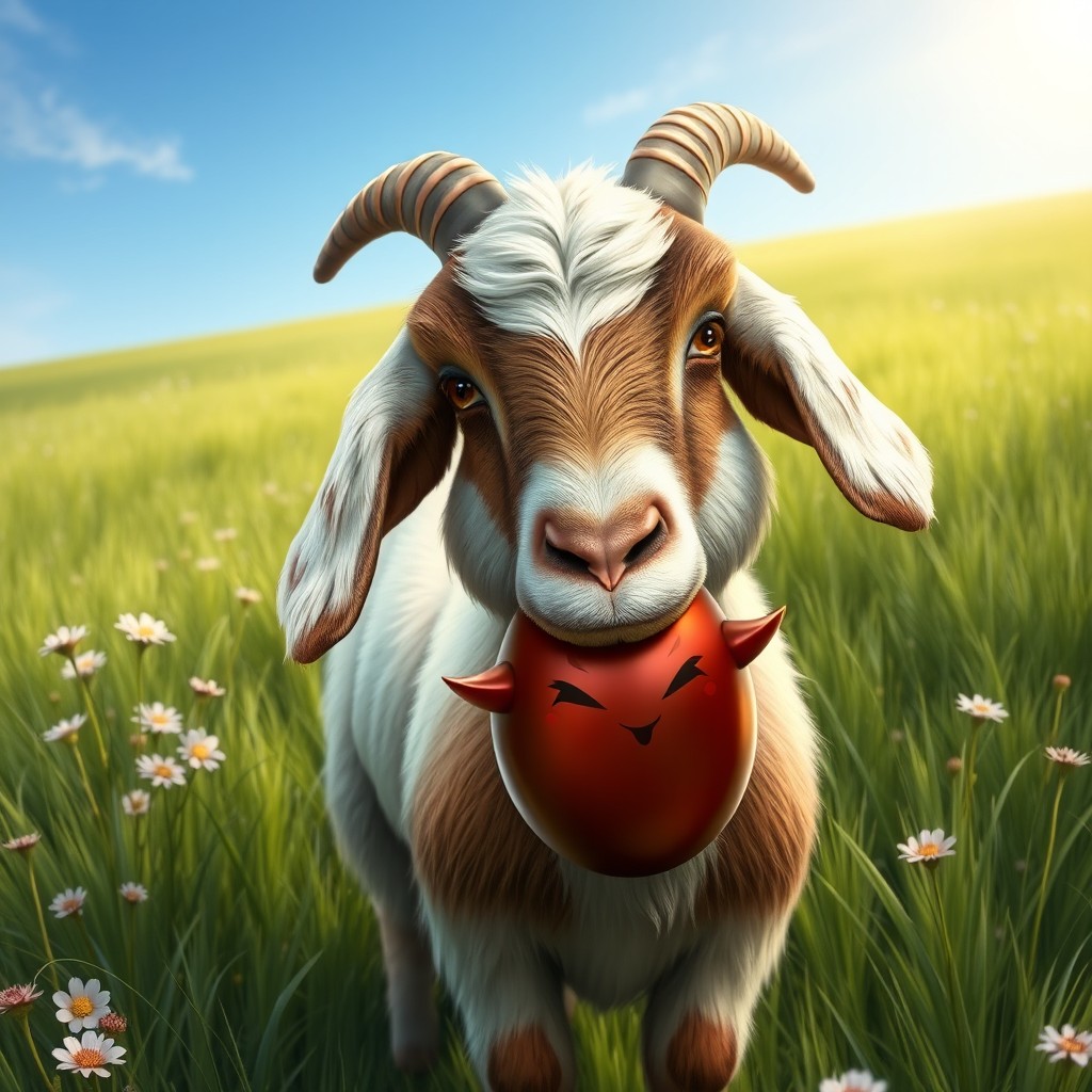 A realistic depiction of a goat named Diensdale, with detailed fur textures and lifelike features, standing in a lush, green pasture