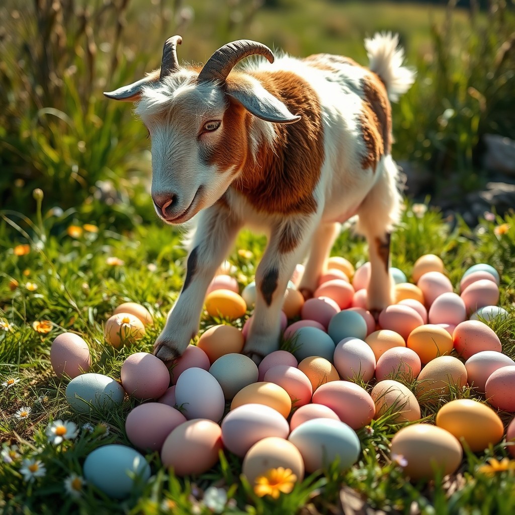 A realistic scene featuring a goat carefully walking on a bed of colorful, uncracked eggs in a natural outdoor setting