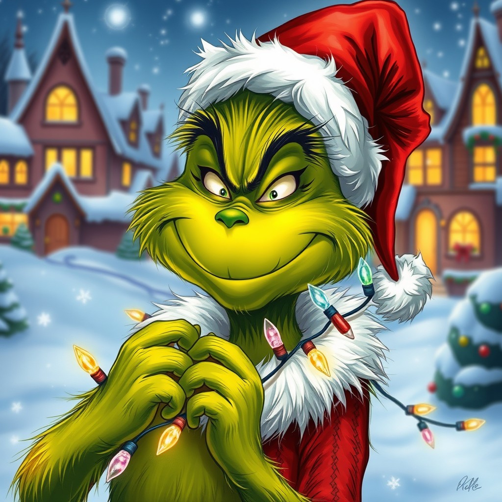 A detailed illustration of the Grinch, depicted in a whimsical and festive style, with a warm smile on his face