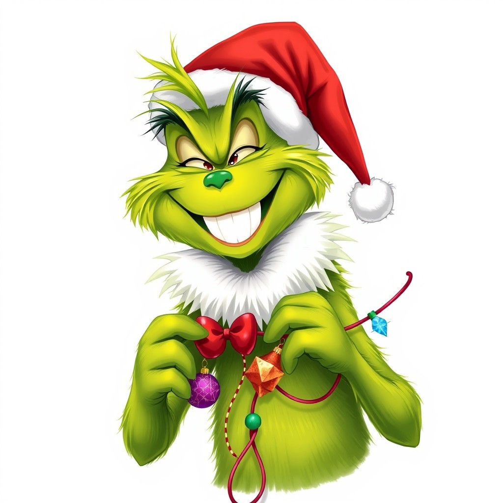 A detailed illustration of the Grinch, smiling broadly, with a string in his hands