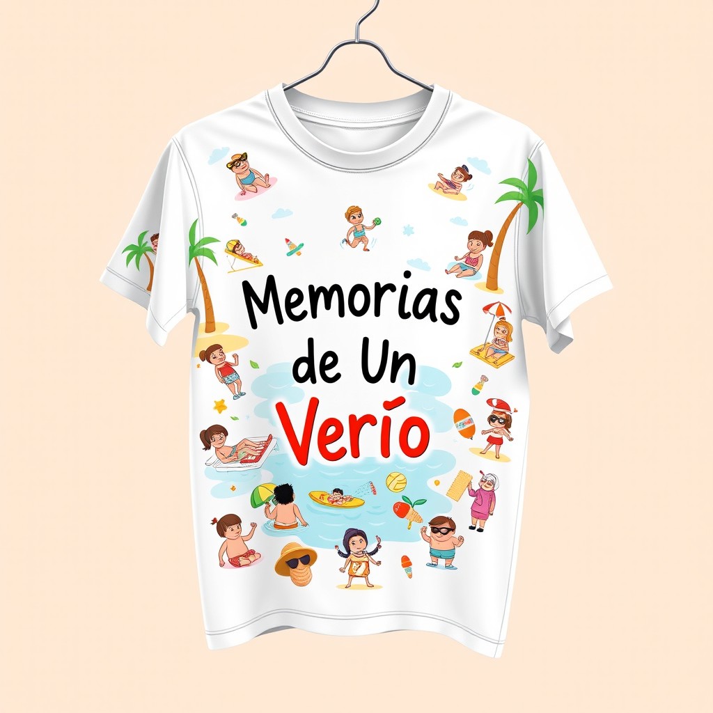 A humorous illustration for a t-shirt design featuring 'Memórias de Um Verão', depicted in a stylish way hanging on a clothes rack