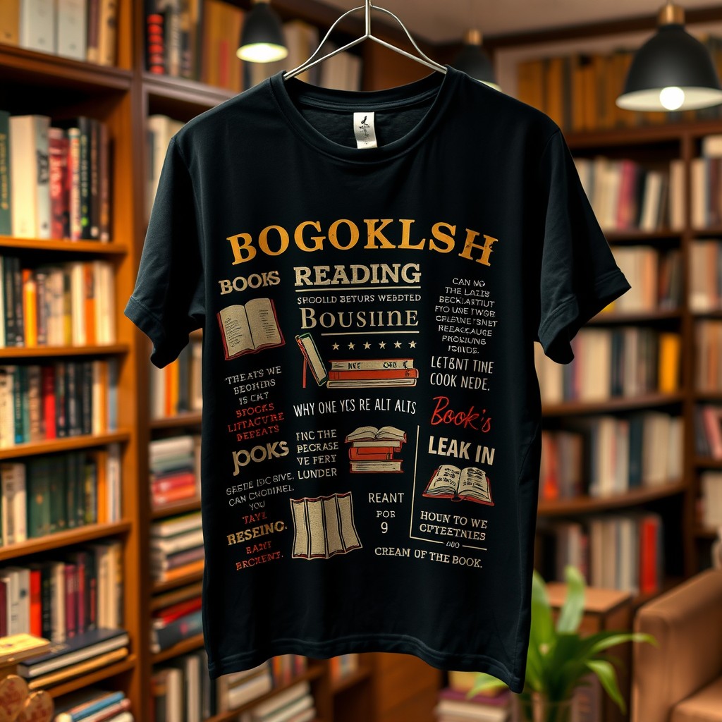 A black t-shirt featuring retro-style graphics and phrases related to books and reading, displayed hanging from a clothing rack in a cozy bookstore or boutique
