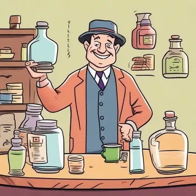 The cartoon depicted a con man selling fake miracle potions to unsuspecting characters in the storyline.