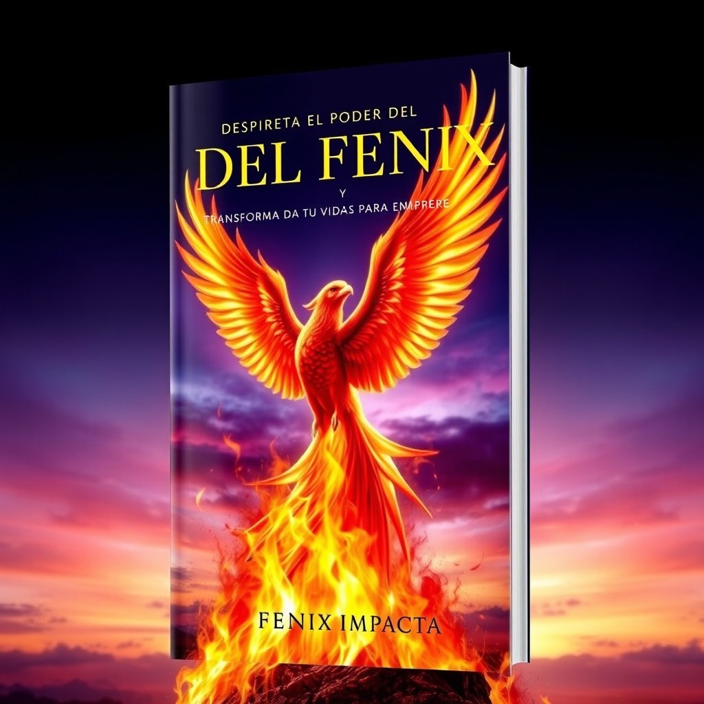 A captivating book cover for 'Despierta el poder del Fénix y transforma tu vida para siempre' featuring a majestic and fiery phoenix emerging triumphantly from vibrant flames