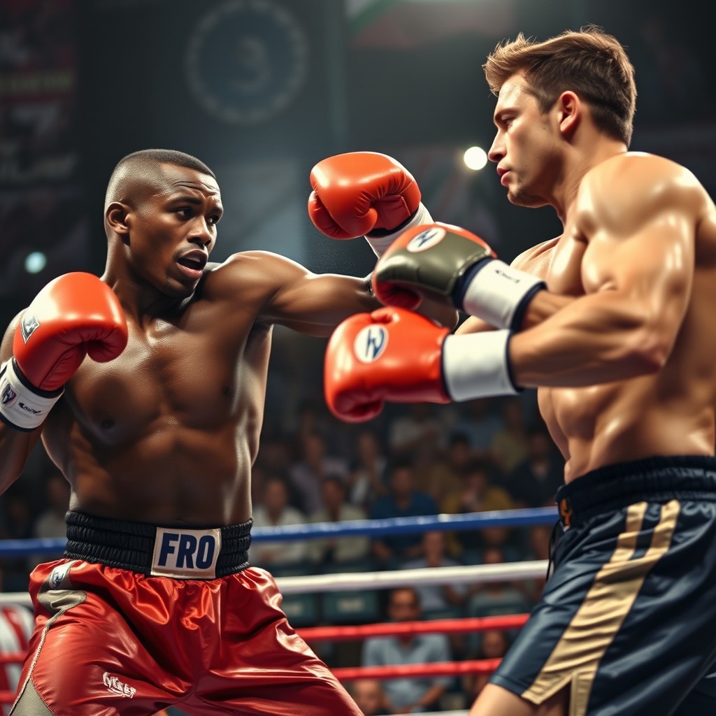 A dynamic boxing scene capturing two powerful boxers in the ring, engaged in an intense fight