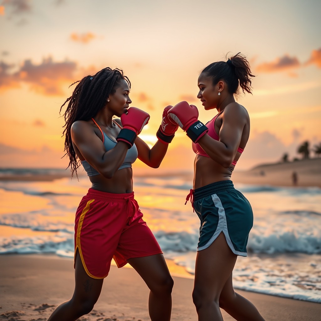 A vibrant scene depicting two women boxing on a picturesque beach during sunset
