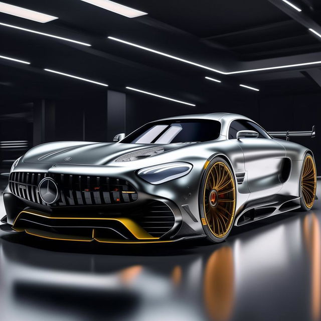 An impactful 8K resolution, 1080HP picture quality rendering of a luxurious Mercedes supercar as imagined by Mansory. The image combines superior luxury, sleek design, and unmatched performance.