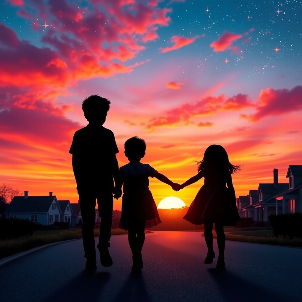 A charming scene featuring a boy and a girl holding hands, silhouetted in the foreground as they walk along a winding road