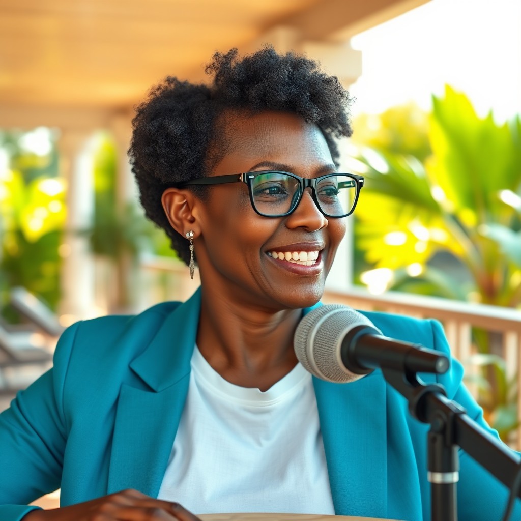 An ultra-realistic portrait of an Afro woman aged 45-50, with very light skin and short hair, wearing modern glasses and displaying a confident smile
