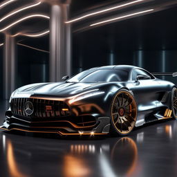 An impactful 8K resolution, 1080HP picture quality rendering of a luxurious Mercedes supercar as imagined by Mansory. The image combines superior luxury, sleek design, and unmatched performance.