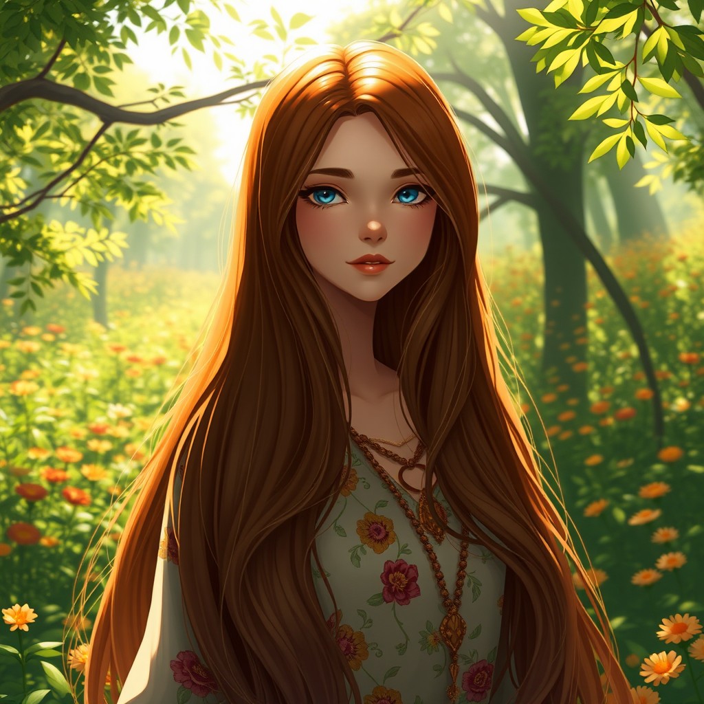 A female character with long, flowing hair that cascades down her back and shoulders, illuminated by soft natural lighting