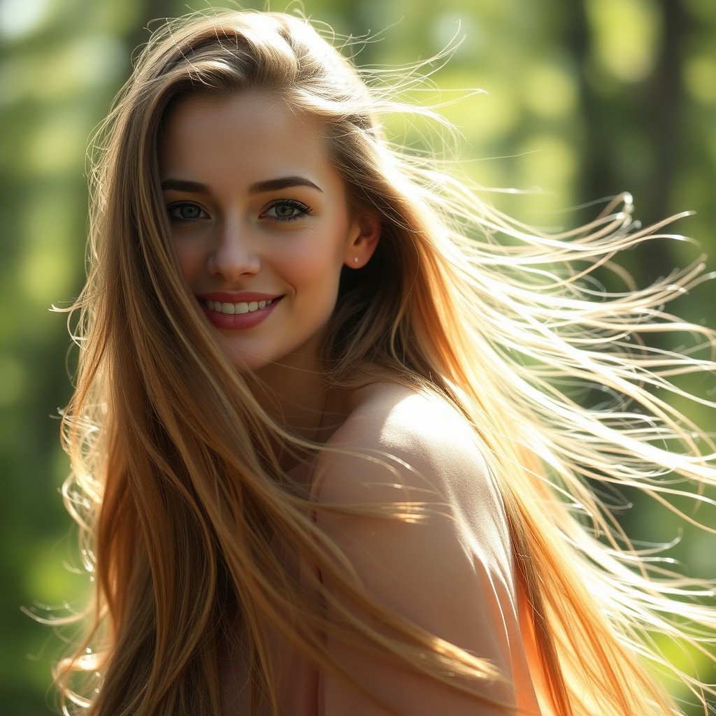 A stunning portrait of a woman with flowing, long hair that cascades down her shoulders and back, capturing the soft movement of the hair as it catches the light