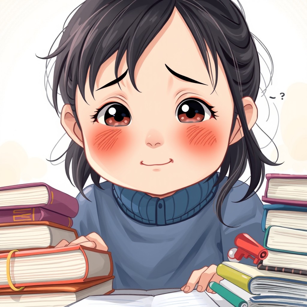 A cute and beautiful Korean girl depicted as a young child, showing a sense of stress or dizziness due to overwhelming tasks
