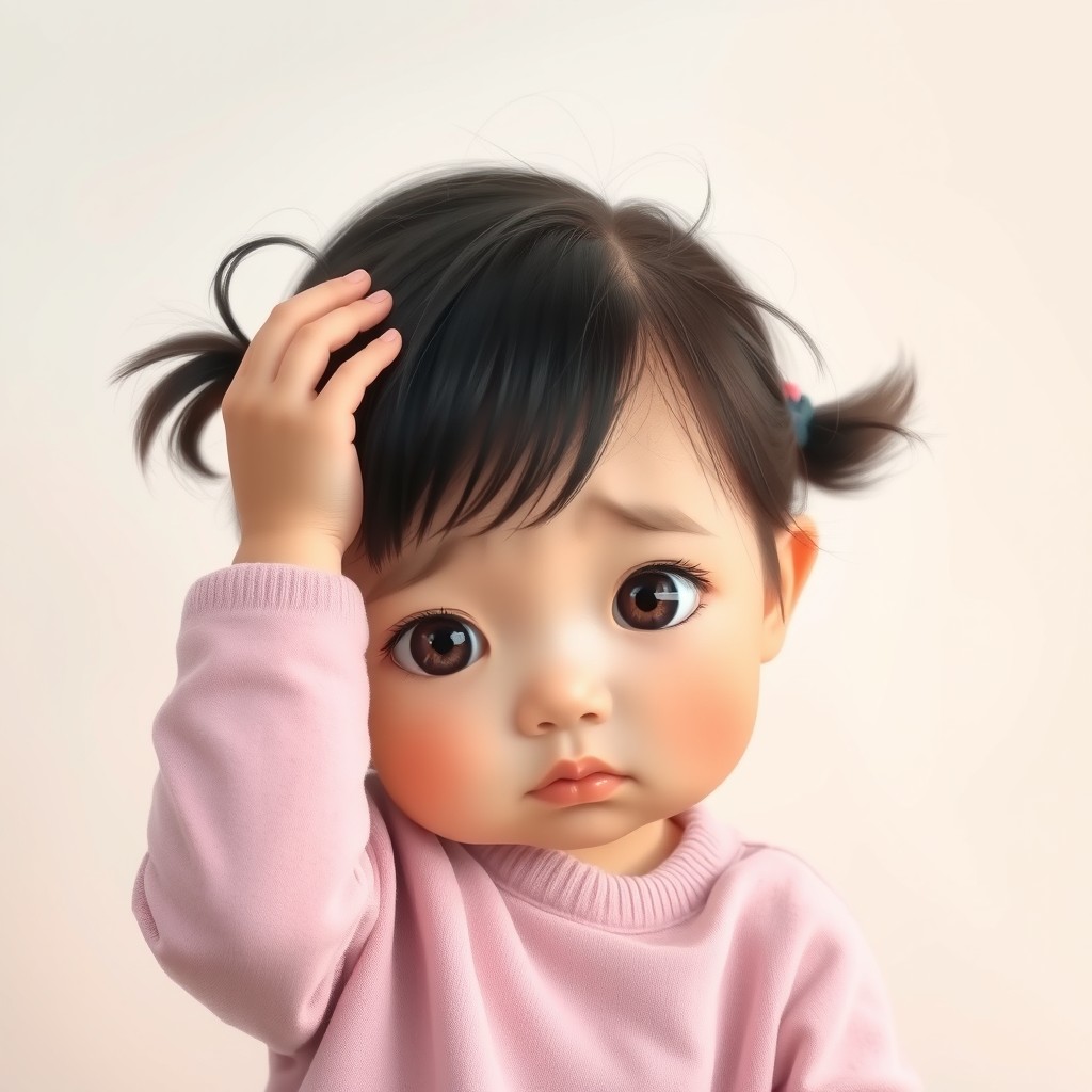 A cute and beautiful Korean girl depicted as a young child, holding her head in a thoughtful manner, expressing stress due to the challenges of her life