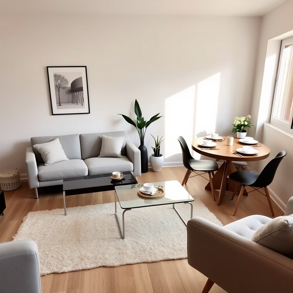 A beautifully arranged living-room dining area in a cozy space measuring 4