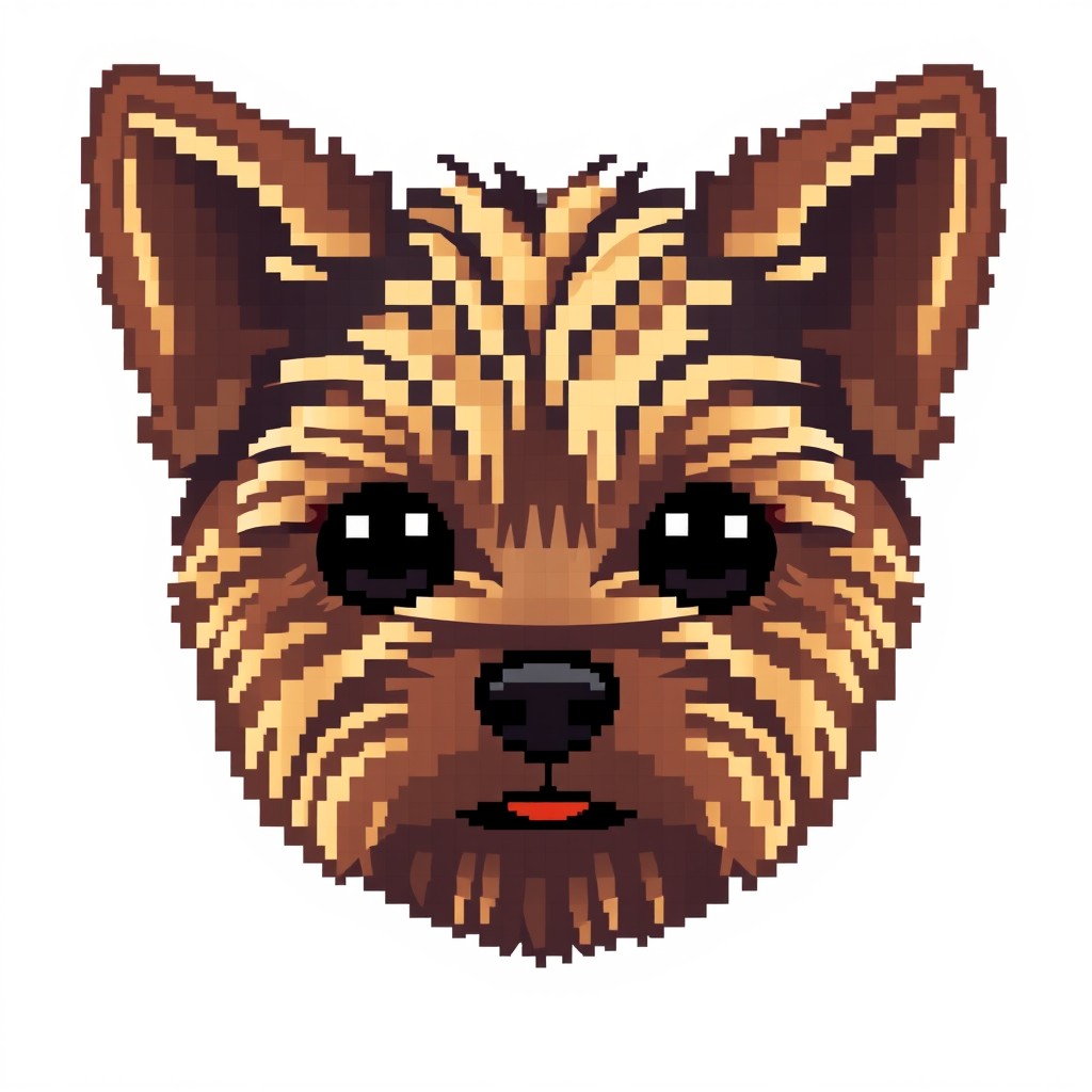 A cute pixel art representation of a Yorkshire Terrier puppy's face, composed of a maximum of 20 blocks