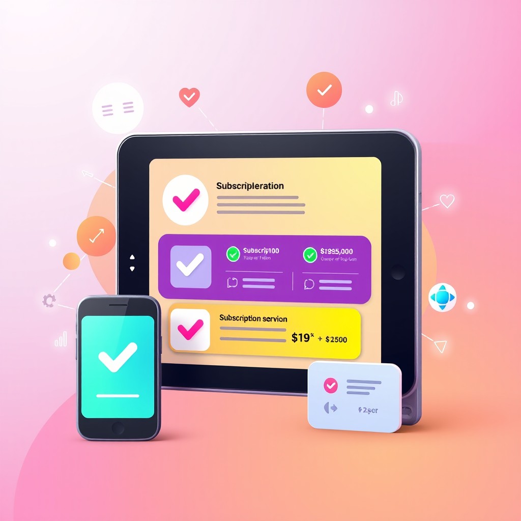 A visually appealing graphic showcasing a subscription concept with elements such as a digital device (like a tablet or smartphone) displaying a subscription service interface, vibrant colors, and modern design