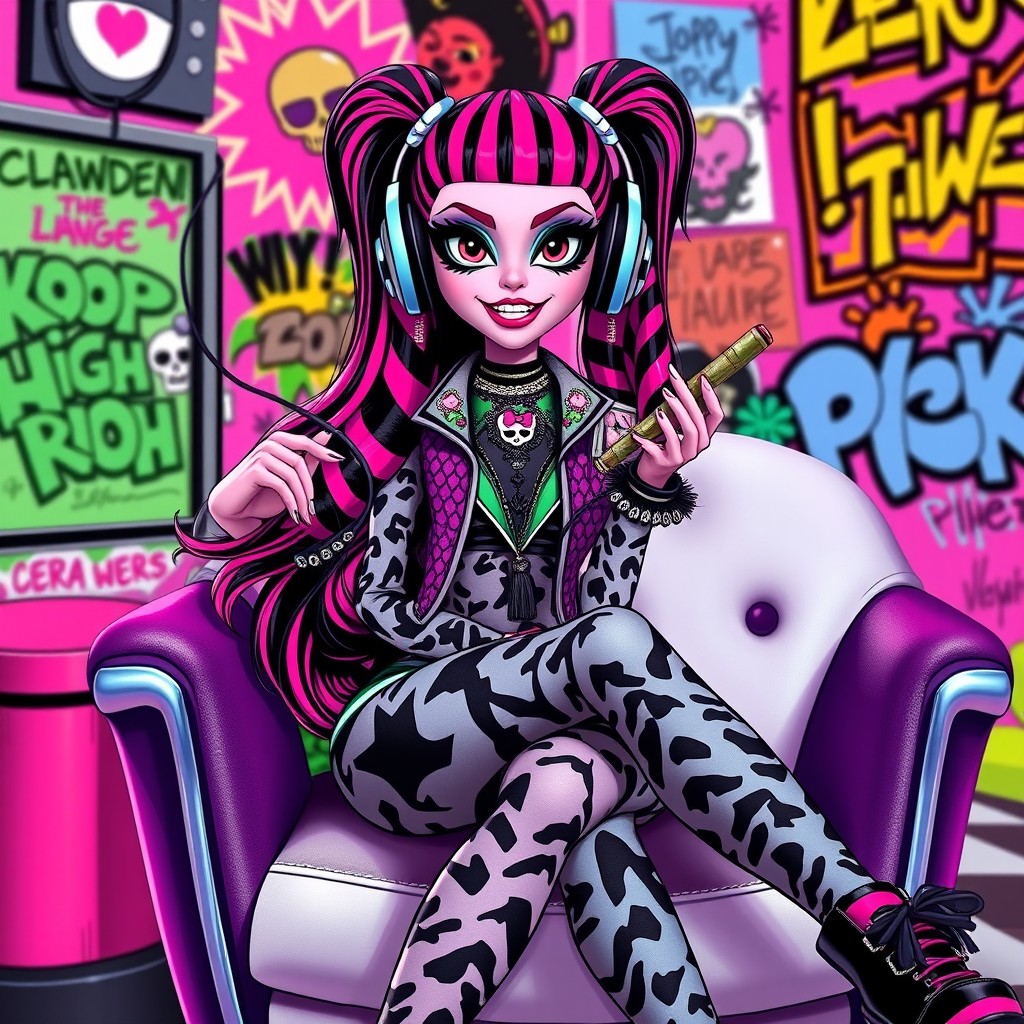 Clawdeen from Monster High, portrayed as a stylish character with a confident expression, sitting on a modern, trendy chair
