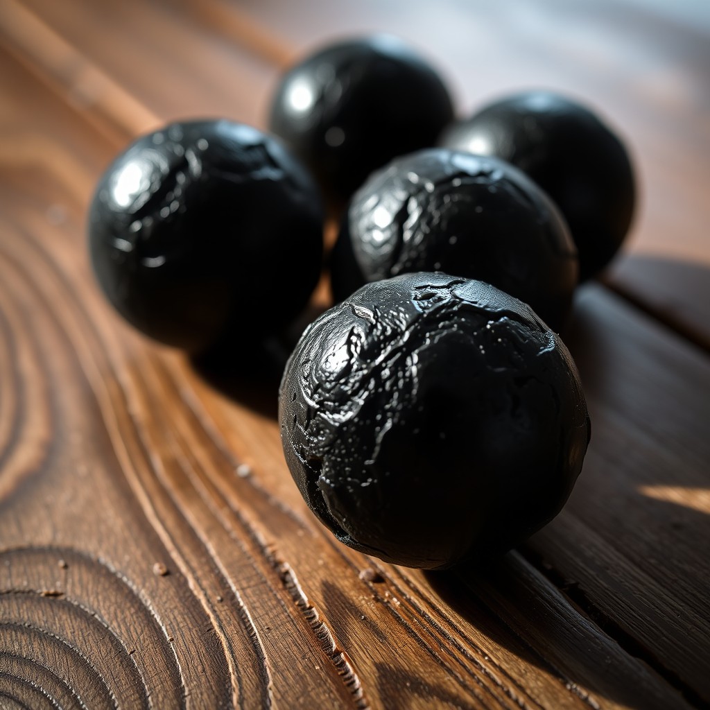 A close-up, artistic still life of black polished goat balls placed elegantly on a textured wooden surface