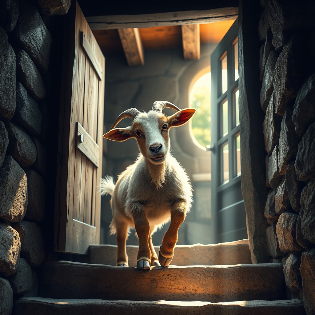 A whimsical scene depicting a playful goat emerging from a rustic basement