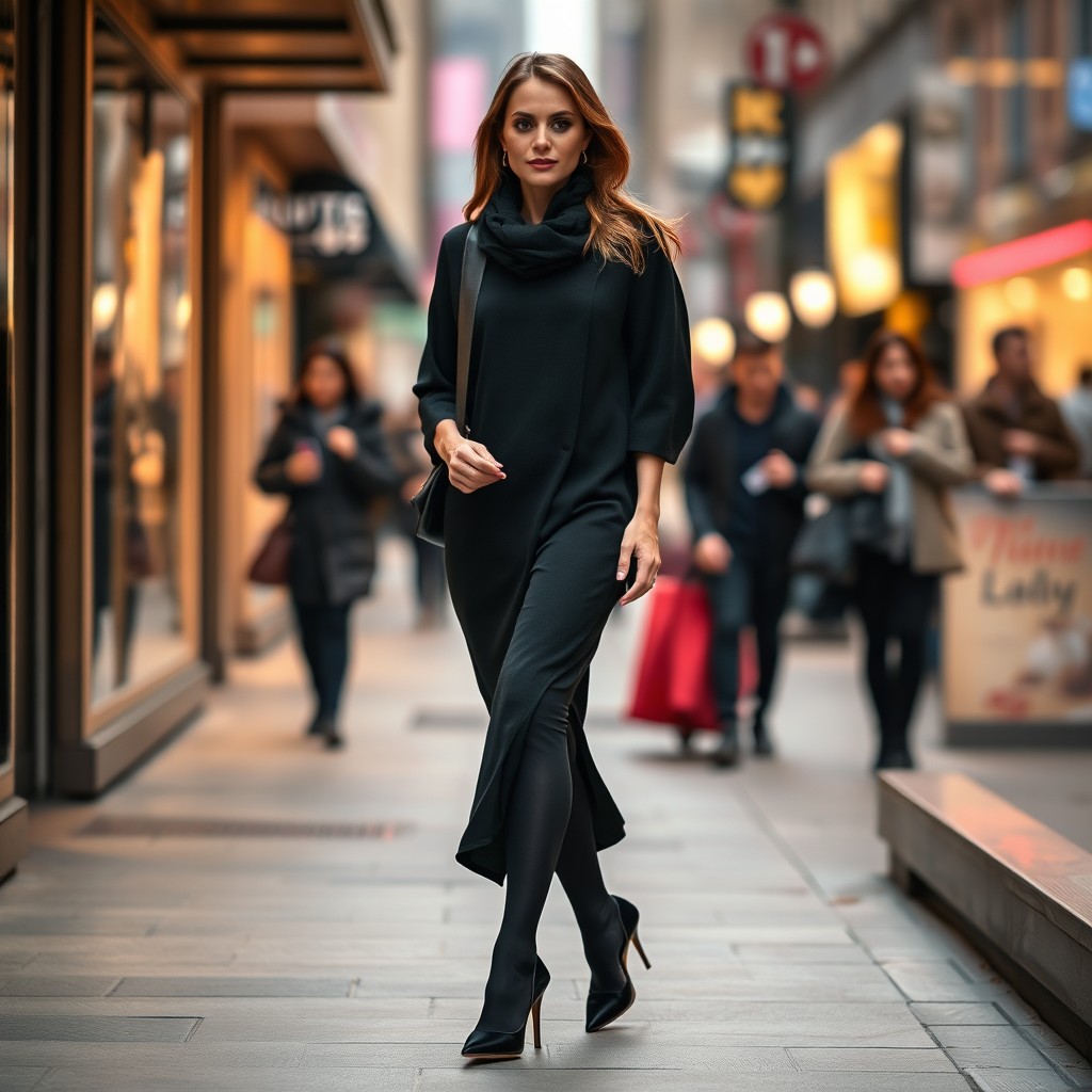 A woman elegantly dressed in a thick black chadori, confidently walking on a bustling sidewalk