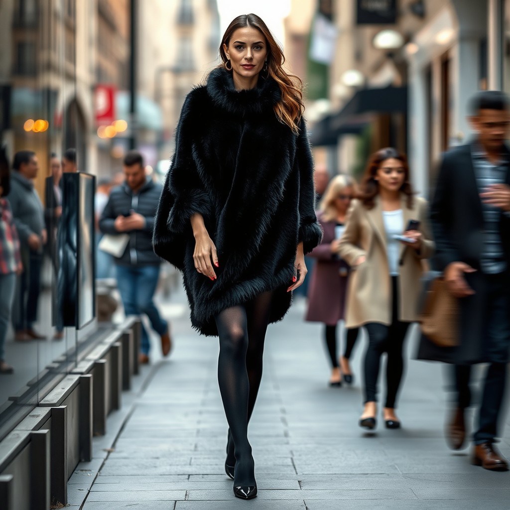 A woman adorned in a thick, luxurious black chadori, elegantly walking along a bustling sidewalk