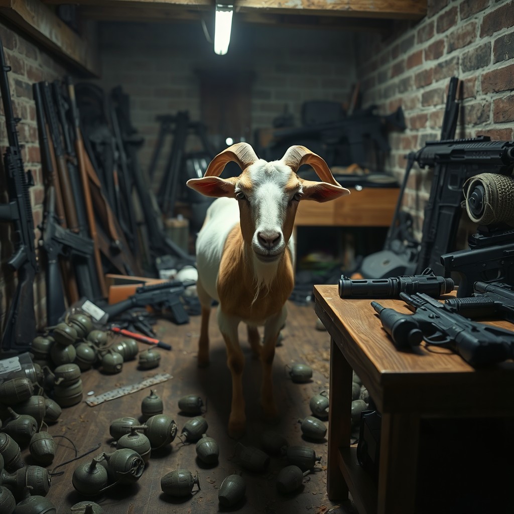A dramatic and intriguing scene portraying a goat standing in a cluttered basement filled with an array of weapons and grenades