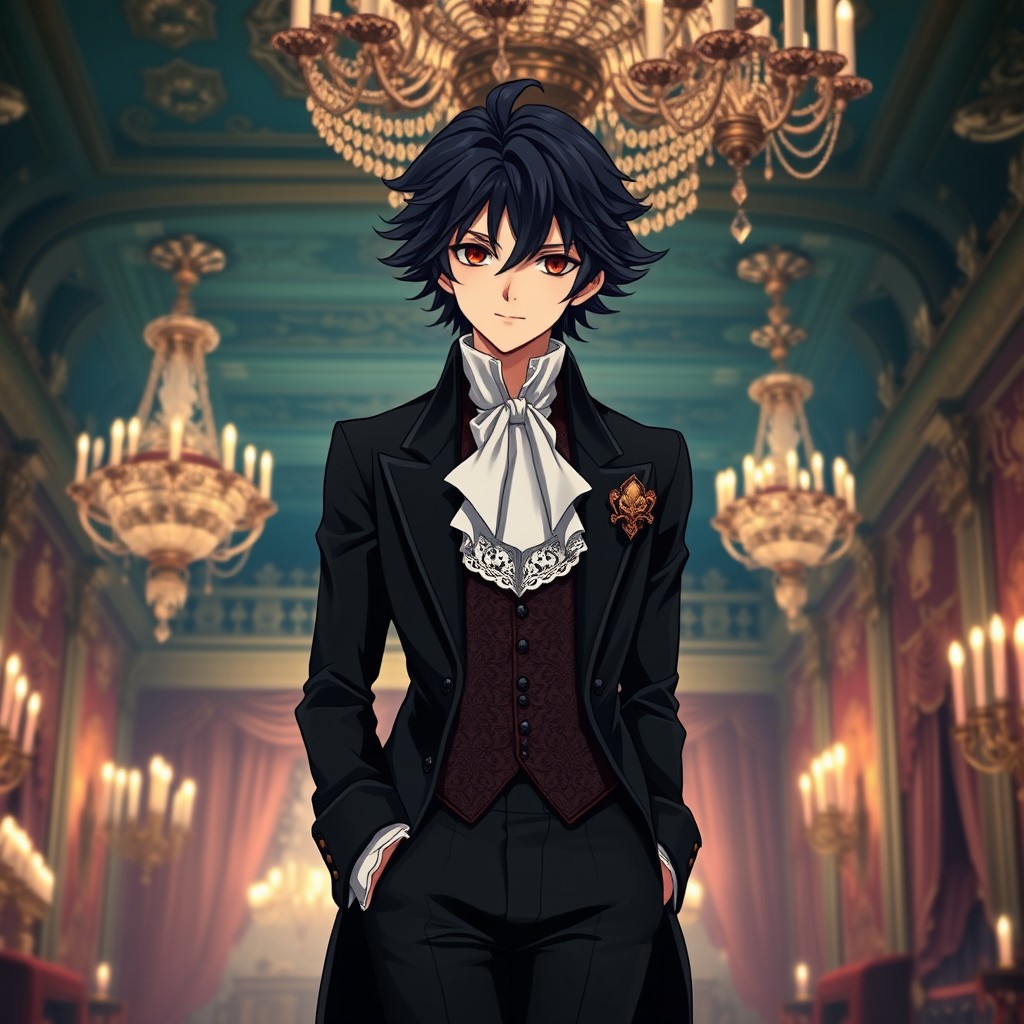 An elegant anime character with deep dark hair styled in a classic 18th-century aristocratic fashion