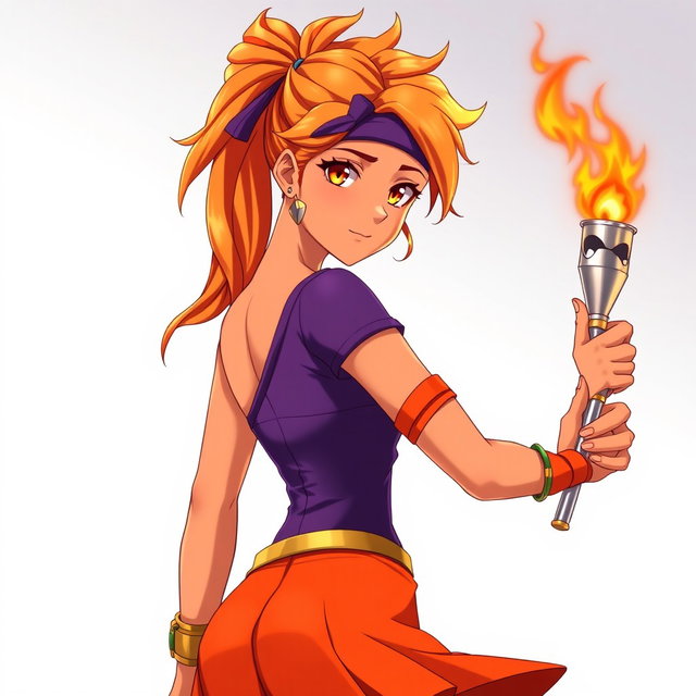 An anime woman with beautifully tanned skin and captivating orangeish-hazel eyes