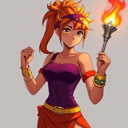 An anime woman with beautifully tanned skin and captivating orangeish-hazel eyes