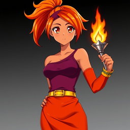 An anime woman with beautifully tanned skin and captivating orangeish-hazel eyes