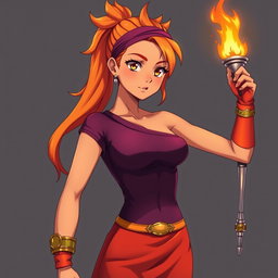 An anime woman with beautifully tanned skin and captivating orangeish-hazel eyes